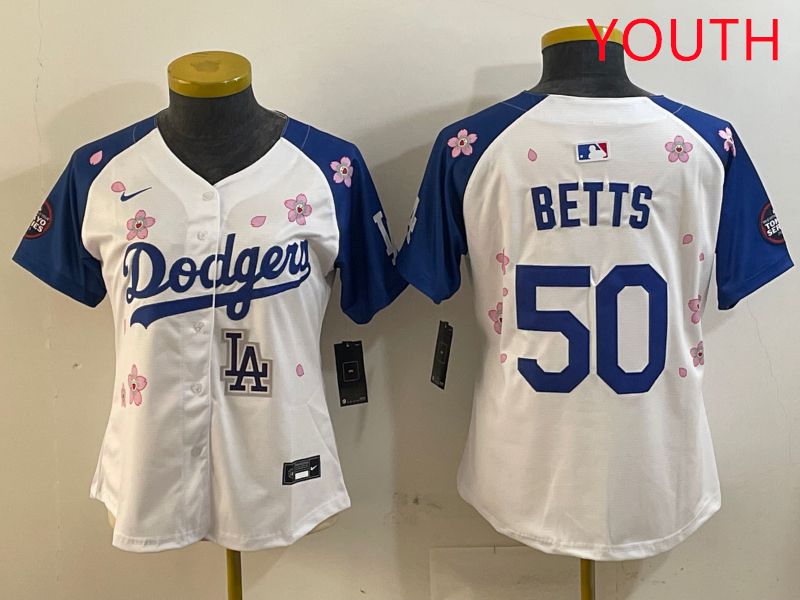 Youth Los Angeles Dodgers #50 Betts White Blue Sakura Edition 2025 Nike MLB Jersey style 9